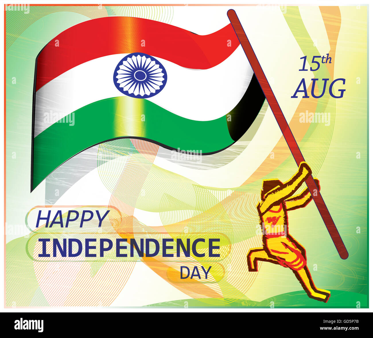 Sur l'affiche de la journée de l'indépendance indienne.Un patriot passe à hisser le drapeau.Colorful présentation artistique de patriotisme. Banque D'Images