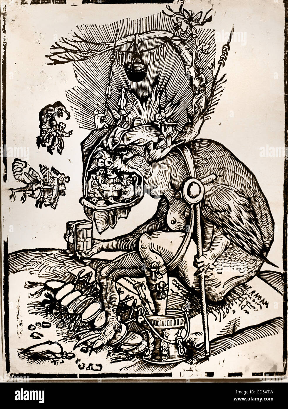 Pamphlet contre la vente des indulgences Matthias Gerung de 1500 à 1568/1570 Allemagne Allemand ( (illustré le diable, perché sur une lettre d'indulgence et de Crosier et recueillir l'argent holding. Assis dans sa bouche et clerc autour d'une table, sur la tête de la transition en jouant le purgatoire de ) ici le diable est l'accroupissement ) Banque D'Images