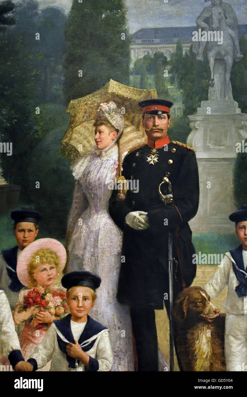 La famille impériale dans le parc de Sanssouci par William Friedrich Georg Pape (1859-1920)1891 Allemand Allemagne ( : la famille royale dans le parc Sanssouci : Guillaume II, l'Impératrice et l'aînée des princes ) Banque D'Images