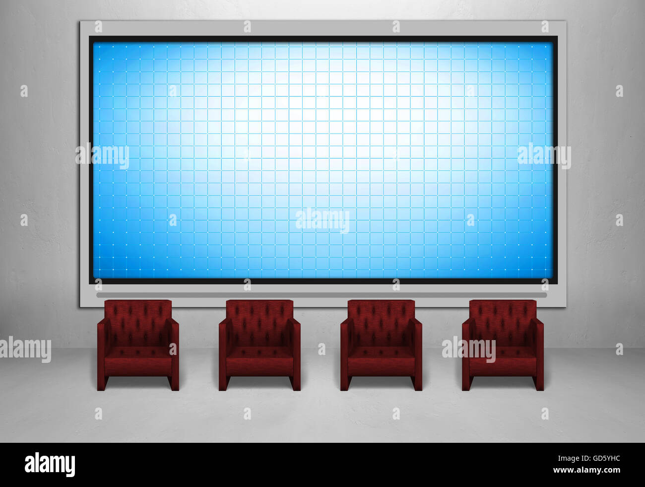 Six vierges écran tv de chambre-mezzanine, quatre chaise rouge Banque D'Images