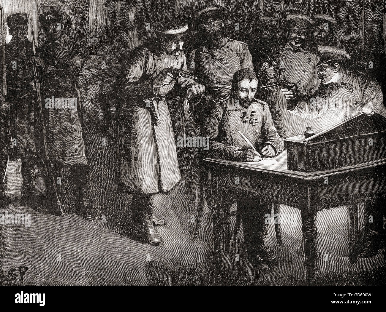 Le prince Alexandre de Bulgarie contraint de signer son abdication, 20 août 1886. Alexander Joseph, 1857 - 1893, alias Alexandre de Battenberg. Premier prince (knyaz) de la Bulgarie moderne. Banque D'Images