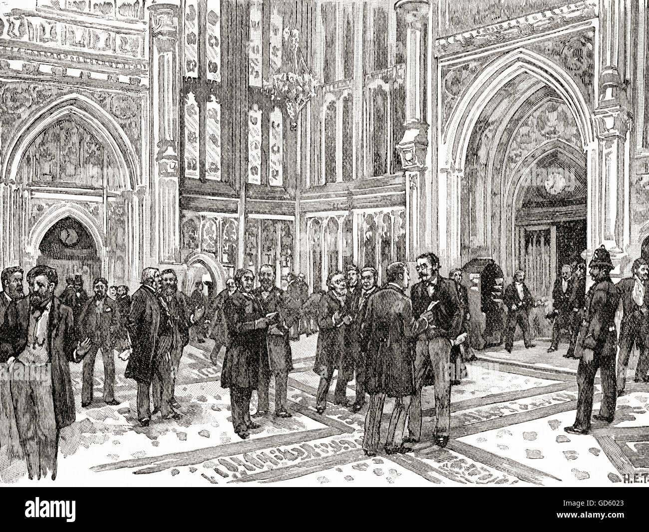 Le hall du membre, la Chambre des communes, le Palais de Westminster, Londres, Angleterre au xixe siècle. Banque D'Images