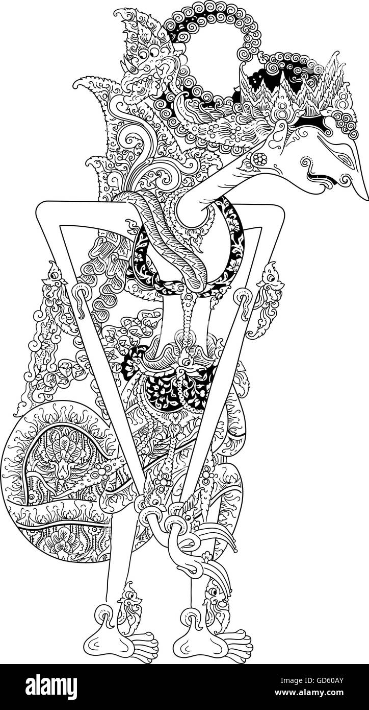 Bisawarna, un personnage de spectacle de marionnettes traditionnelles, wayang kulit de Java en Indonésie. Illustration de Vecteur