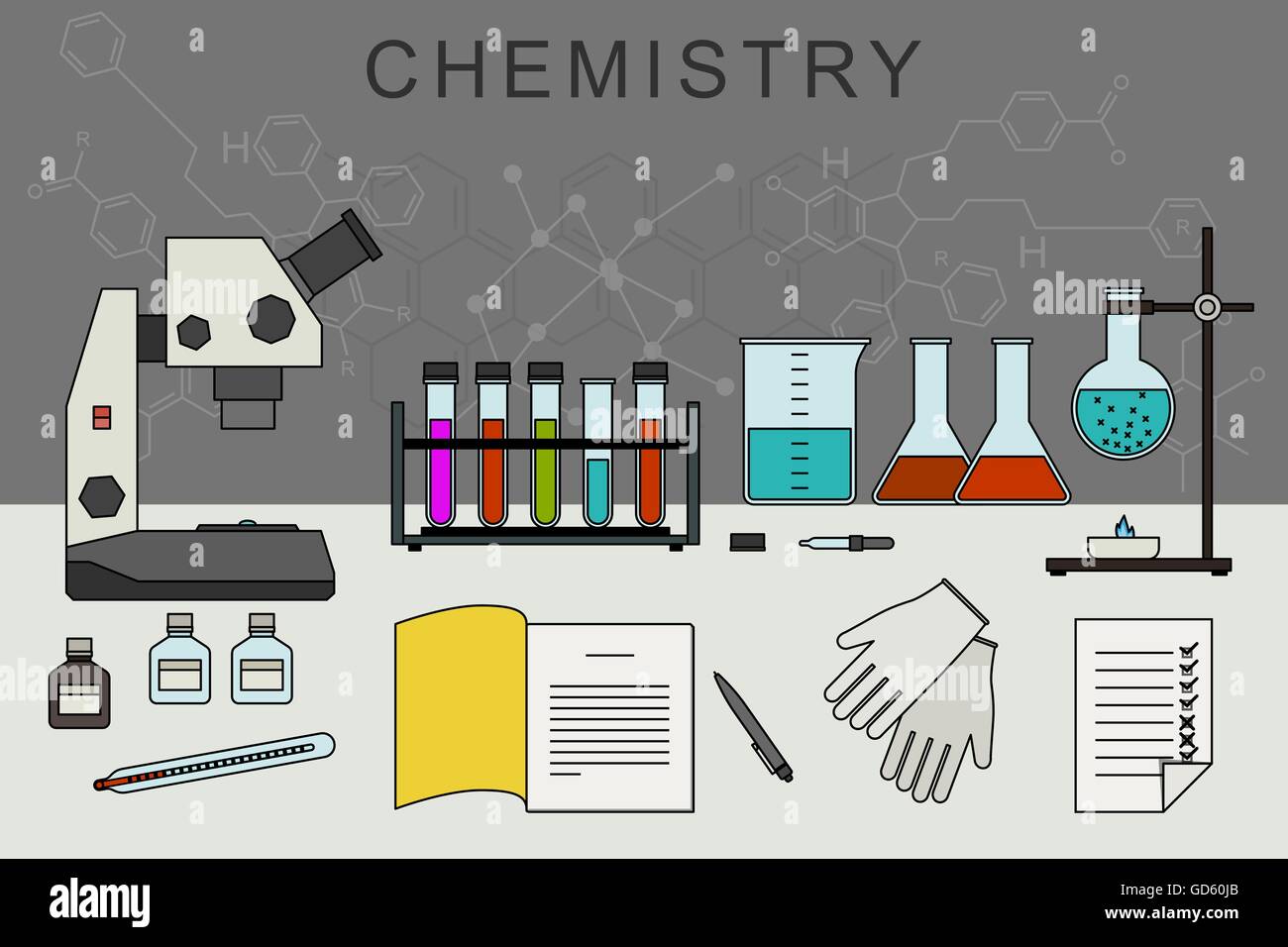 Bannière avec chimie matériel chimique. Illustration de Vecteur
