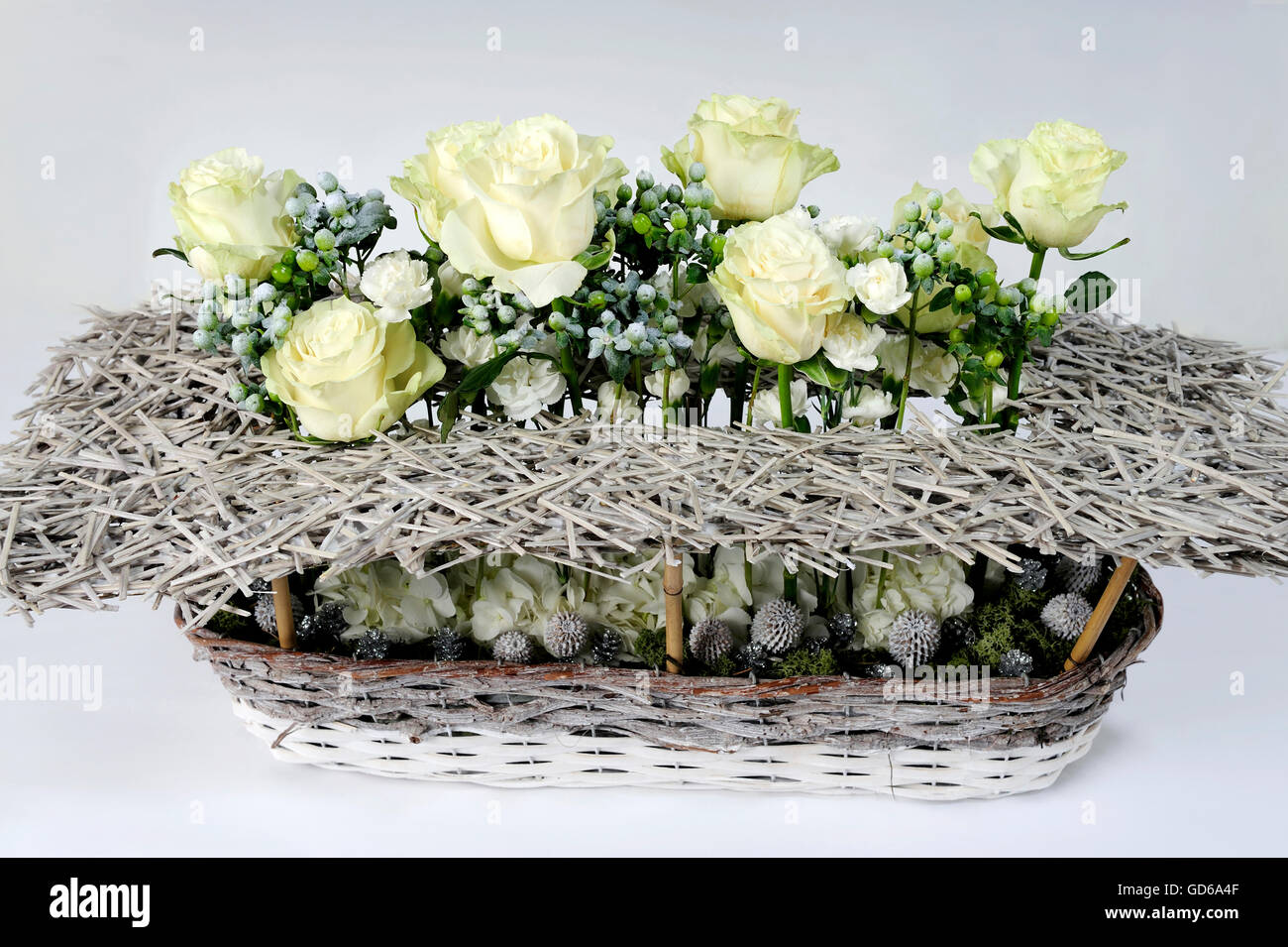 Beauté, bouqet, fleurs, pétales, roses, noël, table, maison, nature, vie, stil design floral, blanc, Banque D'Images