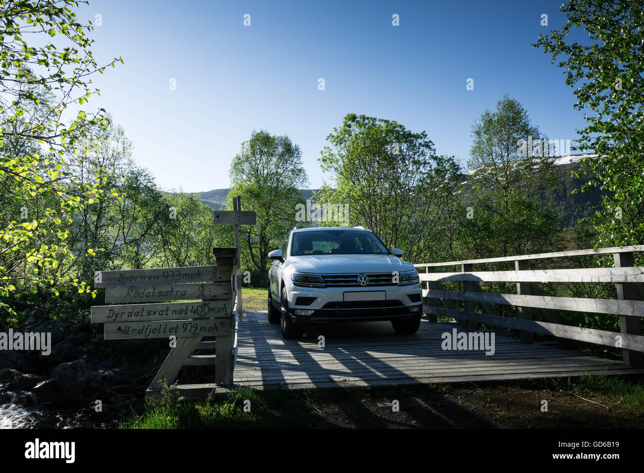 VW Tiguan sur une route forestière bridge Banque D'Images