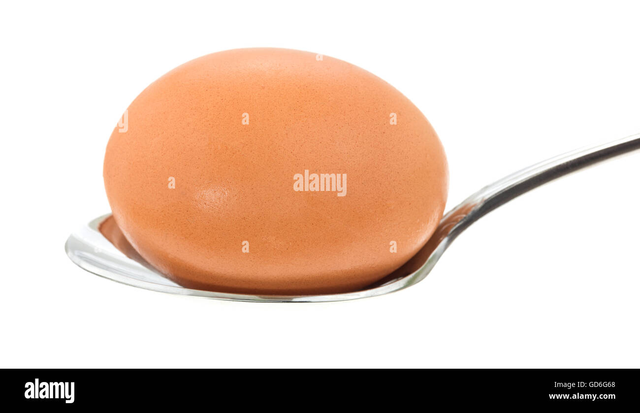 Vue latérale d'un brown egg sur une cuillère sur un fond blanc. Banque D'Images