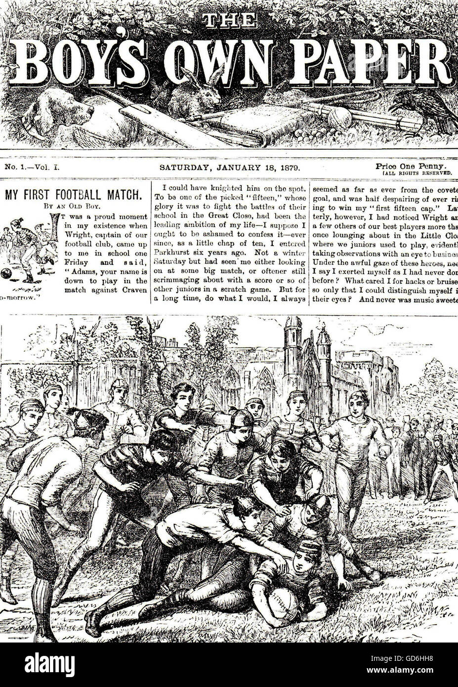 Les garçons PROPRE PAPIER Couverture du premier numéro du magazine d'adolescent britannique le 18 janvier 1879 montrant un match de rugby à l'école de Rugby Banque D'Images