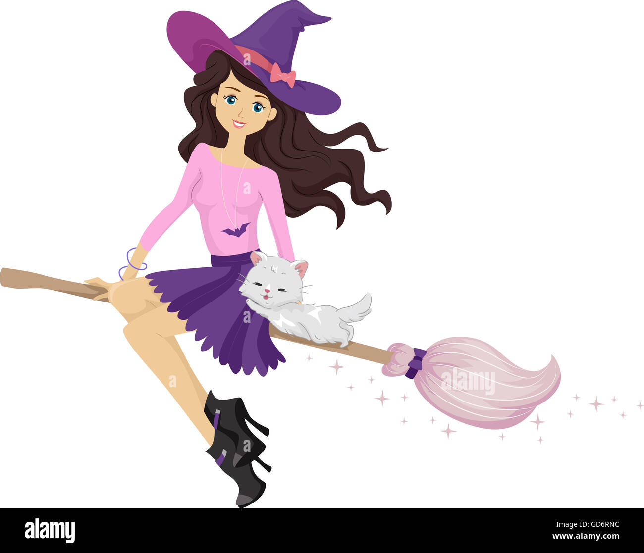 Illustration d'une adolescente sorcière avec balai et cat Banque D'Images
