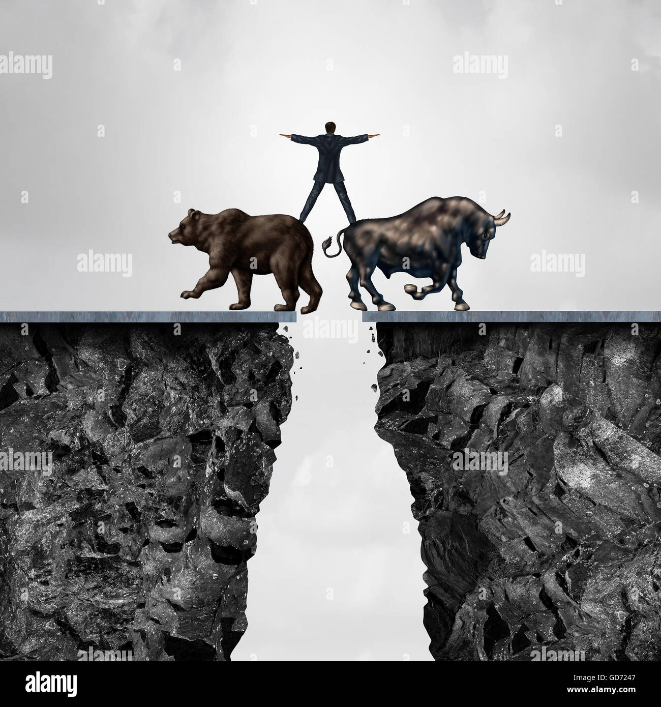 Notion de risque d'investissement comme un homme d'équilibre sur le haut d'un ours et bull comme une métaphore pour le danger de la gestion de stock market forces de vente ou l'achat dans un style 3D illustration. Banque D'Images