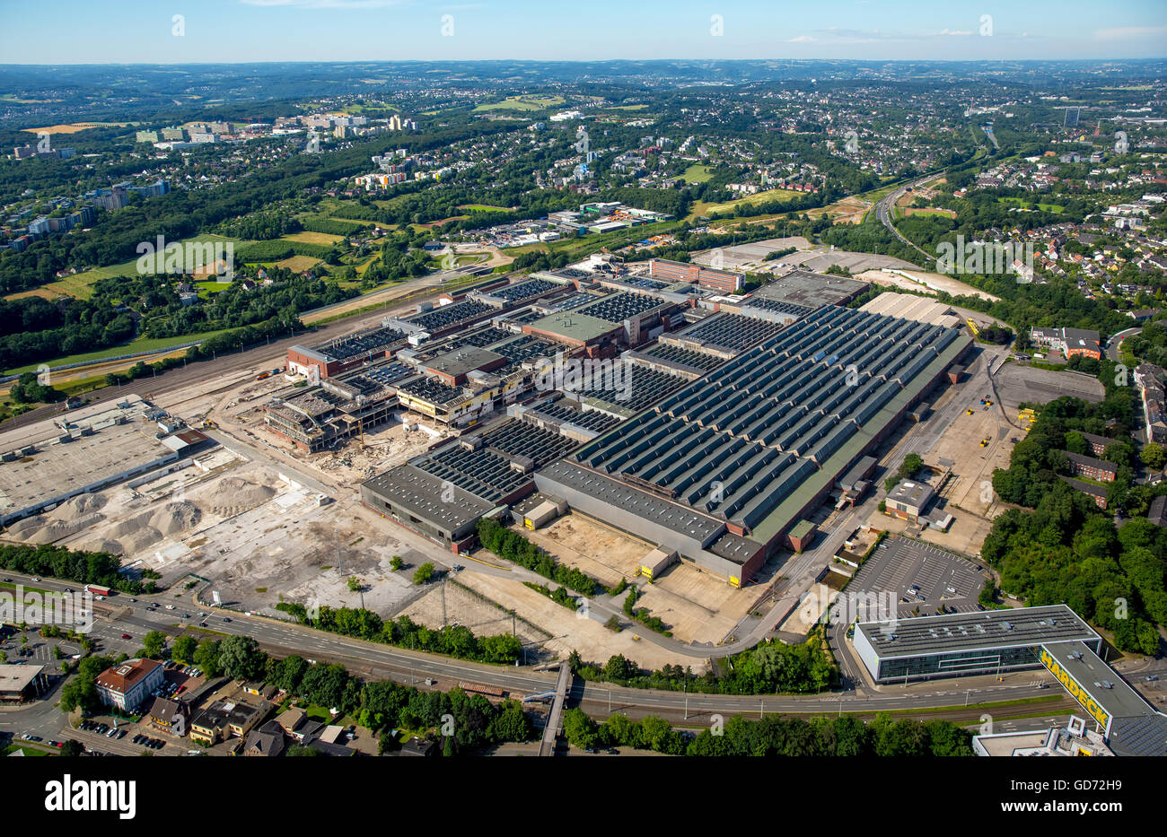 Vue aérienne, OPEL-je plante, démolition OPEL, la réhabilitation des friches industrielles de la Ruhr, Bochum, Rhénanie du Nord-Westphalie, Banque D'Images