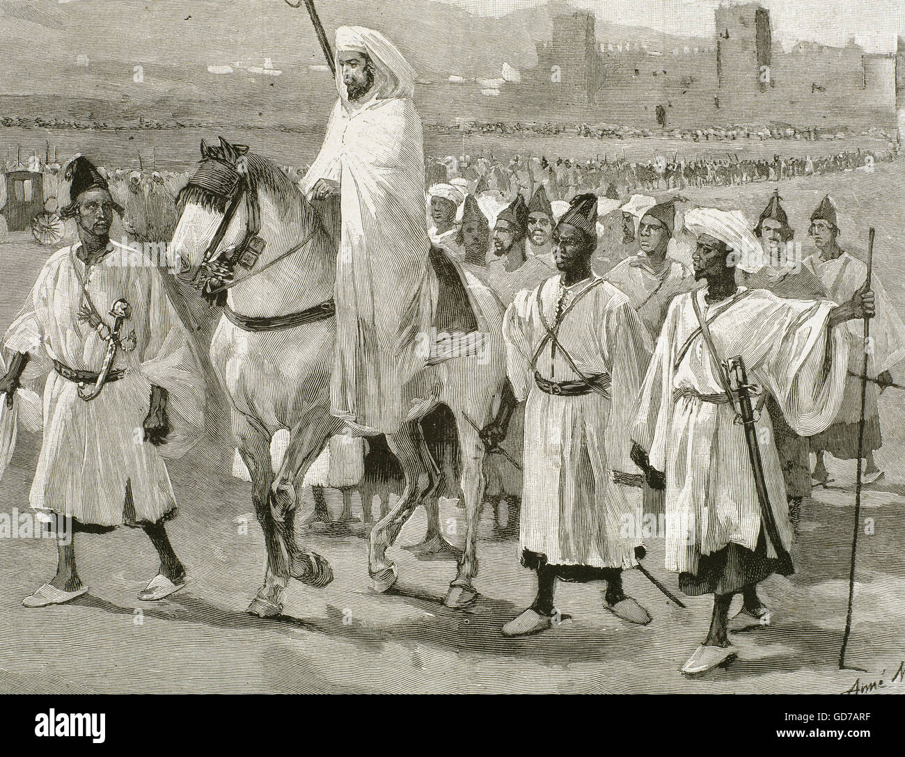 Hassan I (1836-1894), sultan du Maroc (1873-1894), à cheval avec son entourage. La gravure. Banque D'Images