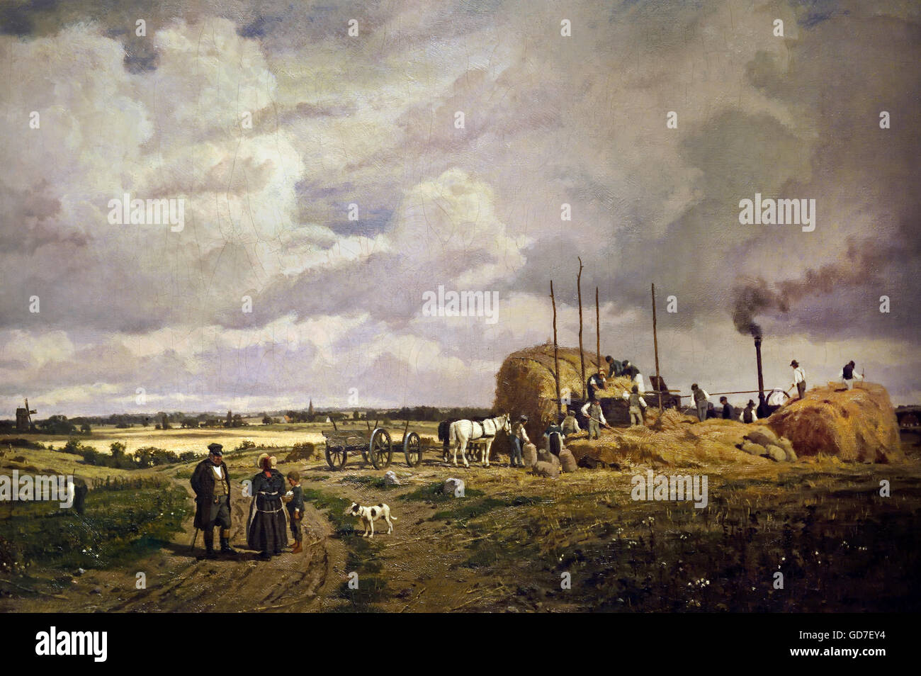 Einsatz der ersten Dreschmaschine de Lankow bei Schwerin im Jahre - Utilisation de la première batteuse de Lankow à Schwerin en 1882 Peintre : Malchin, Carl Wilhelm Christian 1882 Allemagne ( inventé par l'ingénieur mécanique écossais Andrew Meikle ) Banque D'Images