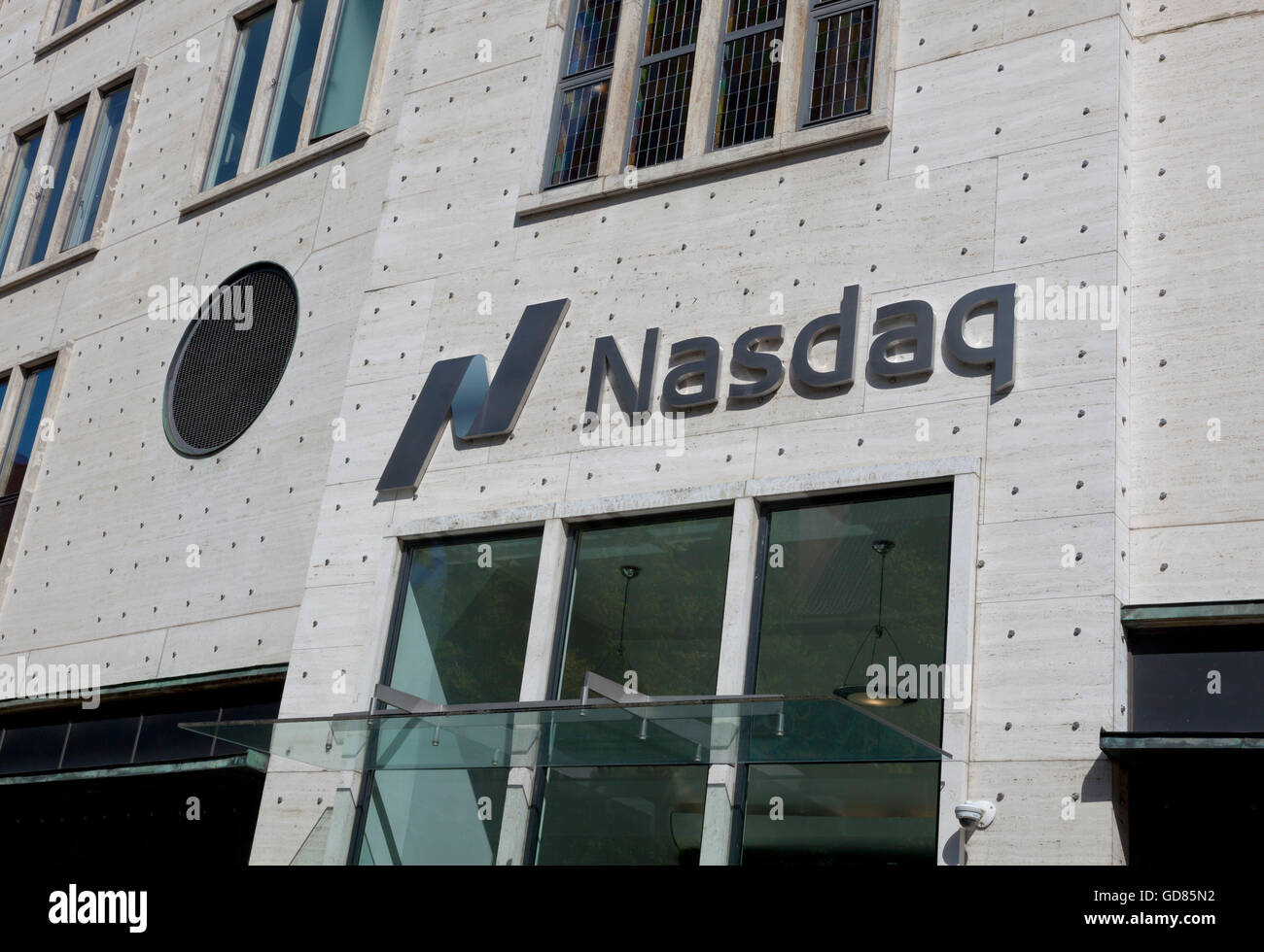 L'entrée et la face de la Nasdaq Stock Market bâtiment à Copenhague, Danemark. Banque D'Images