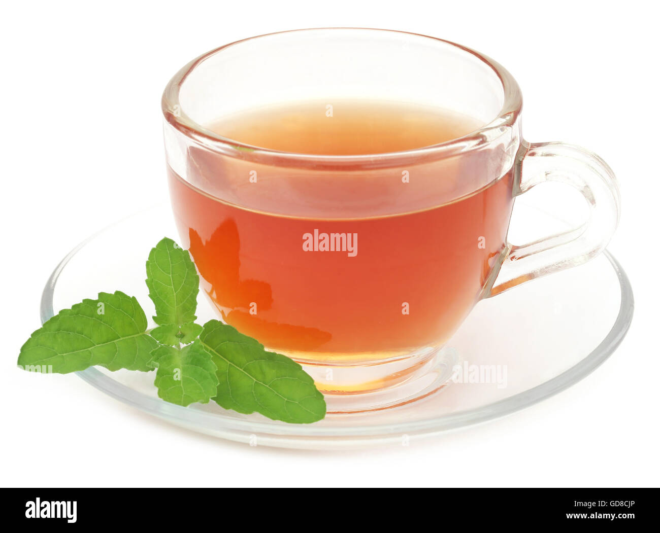 Tisane dans une tasse avec tulsi feuilles sur fond blanc Banque D'Images