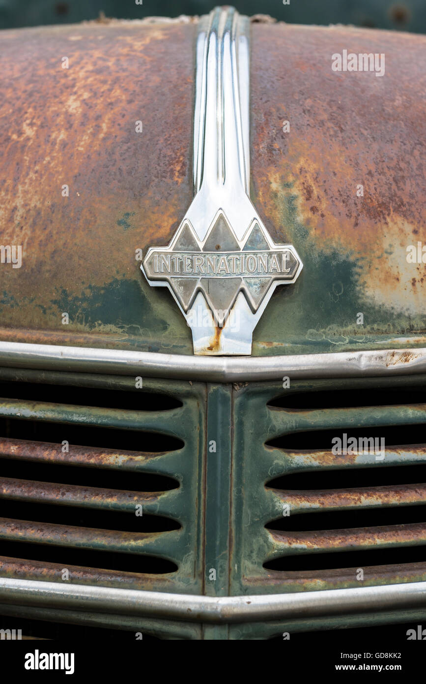 Auvent et de l'insigne d'un vieux camion International dans l'Est de l'Oregon. Banque D'Images