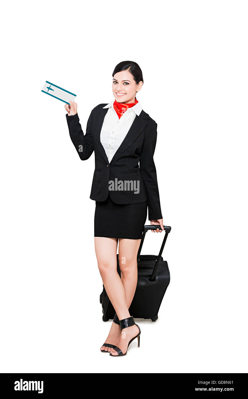 1 Femme adulte indien Air Hostess holding Suitcase article montrant l'achat de billets Banque D'Images