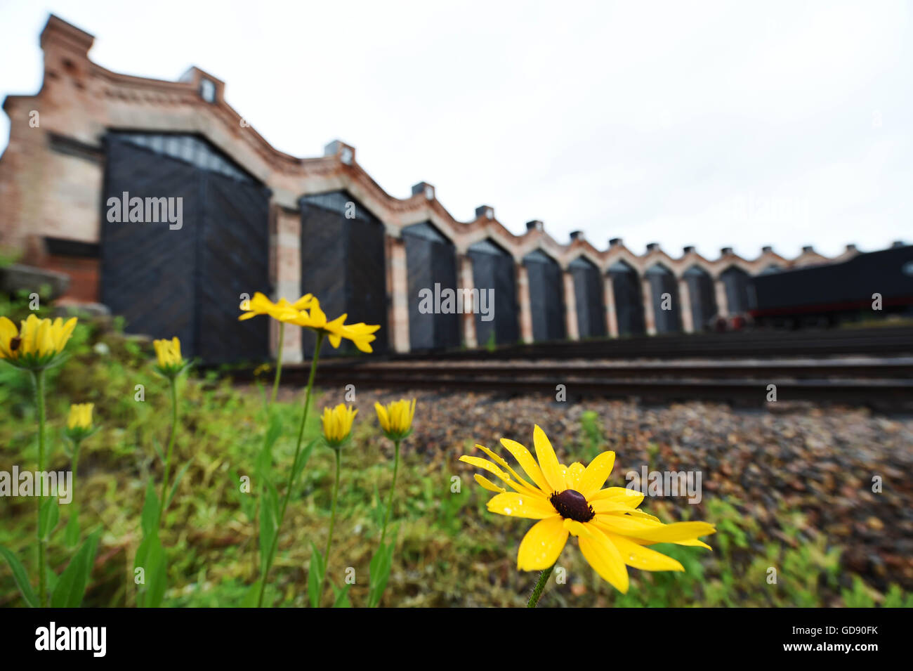 Hailin, la province de Heilongjiang. Le 13 juillet, 2016. Un garage sur le chemin de fer de l'Est chinois historique est vu dans Hengdaohezi Ville située dans le nord-est de la Chine Hailin, province de Heilongjiang, du 13 juillet 2016. Le garage de style russe dans Hengdaohezi a été construit en 1903 et sera ouverte au public comme musée de transport ferroviaire ainsi qu'une relique culturelle. © Wang Jianwei/Xinhua/Alamy Live News Banque D'Images
