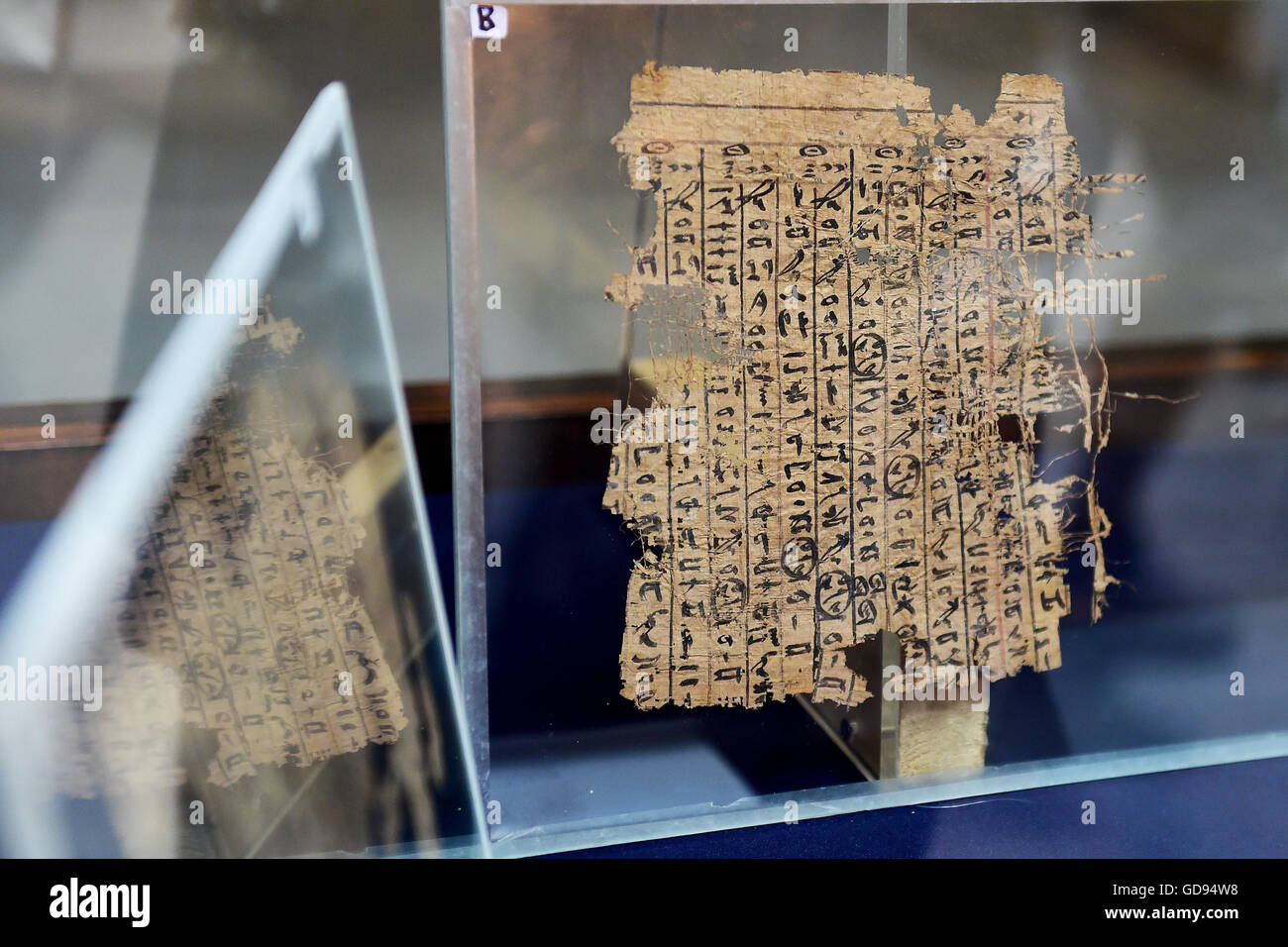 Le Caire. 14 juillet, 2016. Une partie de roi Khufu papyri du est affiché pour la première fois au Musée égyptien du Caire, Égypte le 14 juillet 2016. Le Musée égyptien du Caire a présenté pour la première fois une collection de papyrus qui remontent au roi Khufu, qui a régné au cours de la quatrième dynastie dans la première moitié de l'Ancien Empire (26e siècle avant J.-C.) dans l'Egypte ancienne. © Zhao Dingzhe/Xinhua/Alamy Live News Banque D'Images