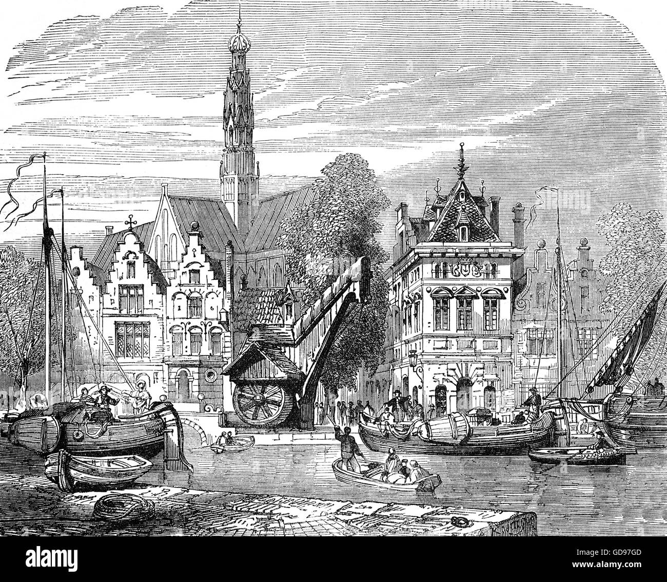 18e siècle dessin de le marché du maïs sur la rivière Spaarne Haarlem, dans une ville et une municipalité située dans les Pays-Bas. Elle est la capitale de la province de la Hollande du Nord et est situé à l'extrémité nord de la Randstad. Banque D'Images