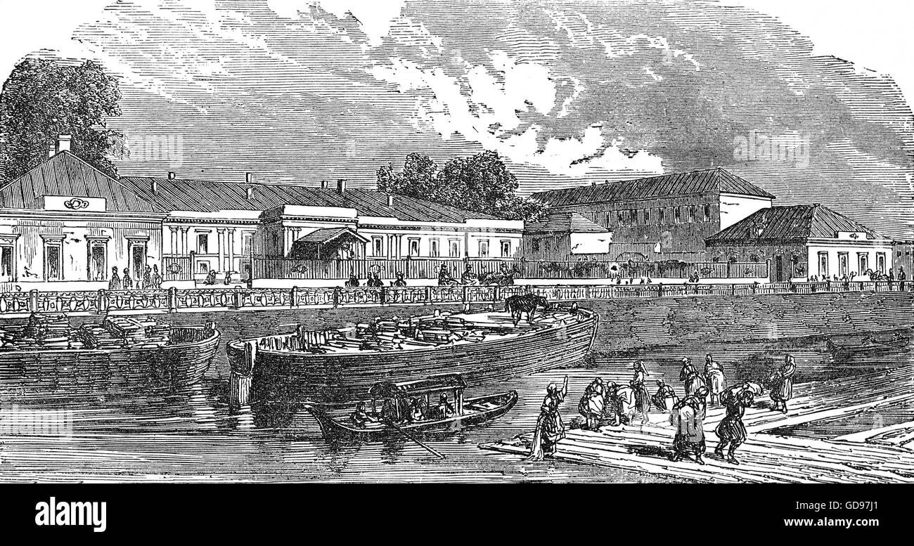 18e siècle vue sur le quai à Pétersbourg, deuxième plus grande ville de Russie, située sur la rivière Neva, à la tête du golfe de Finlande sur la mer Baltique, il fut nommé Saint Petersbourg en 1703. Banque D'Images