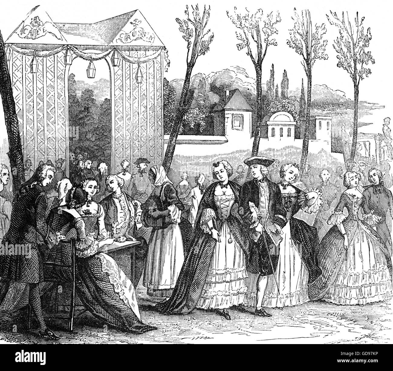 Une promenade à la mode à Paris à l'époque du roi Louis XVI Banque D'Images