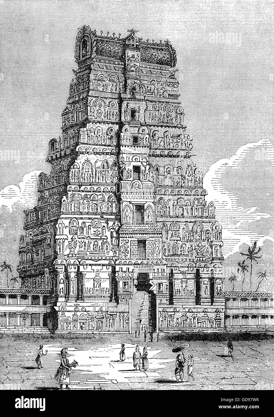 19e siècle vue de la pagode de Chillenbaum au Tamil Nadu, Inde du Sud Banque D'Images