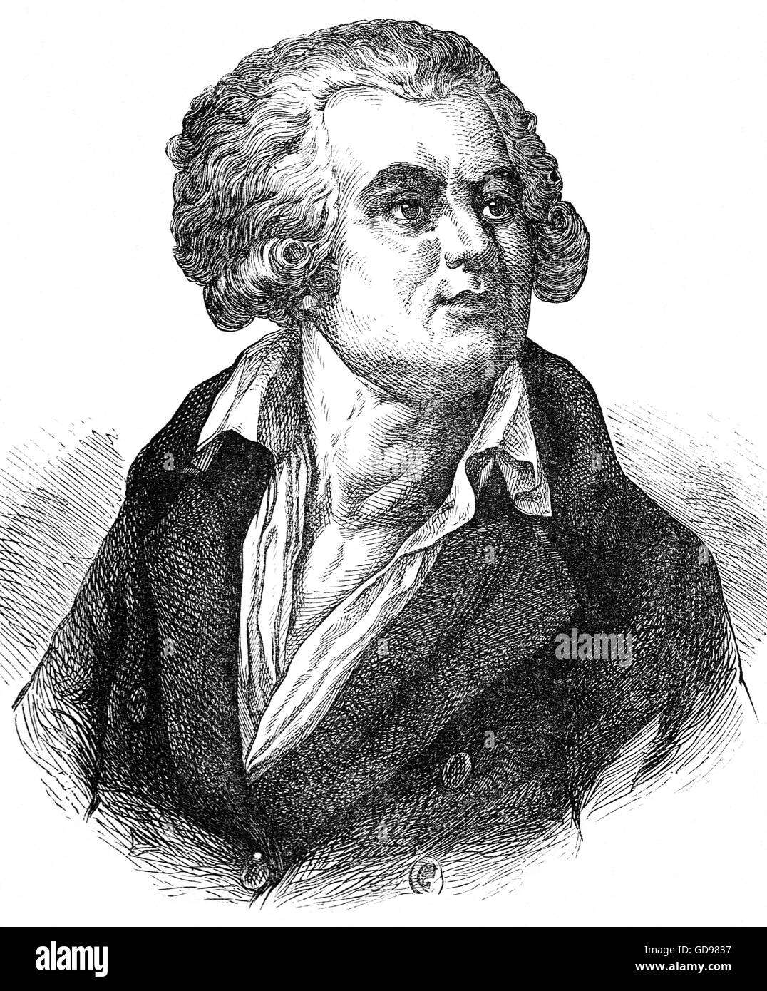 Georges Jacques Danton (1759 - 1794) était une figure de proue dans les premières étapes de la Révolution française, décrite par certains comme "le chef de la force dans le renversement de la monarchie et l'établissement de la Première République française'. Une influence modératrice sur les Jacobins, il a été guillotiné par les partisans de la terreur révolutionnaire après des accusations de vénalité et de complaisance pour les ennemis de la Révolution. Banque D'Images