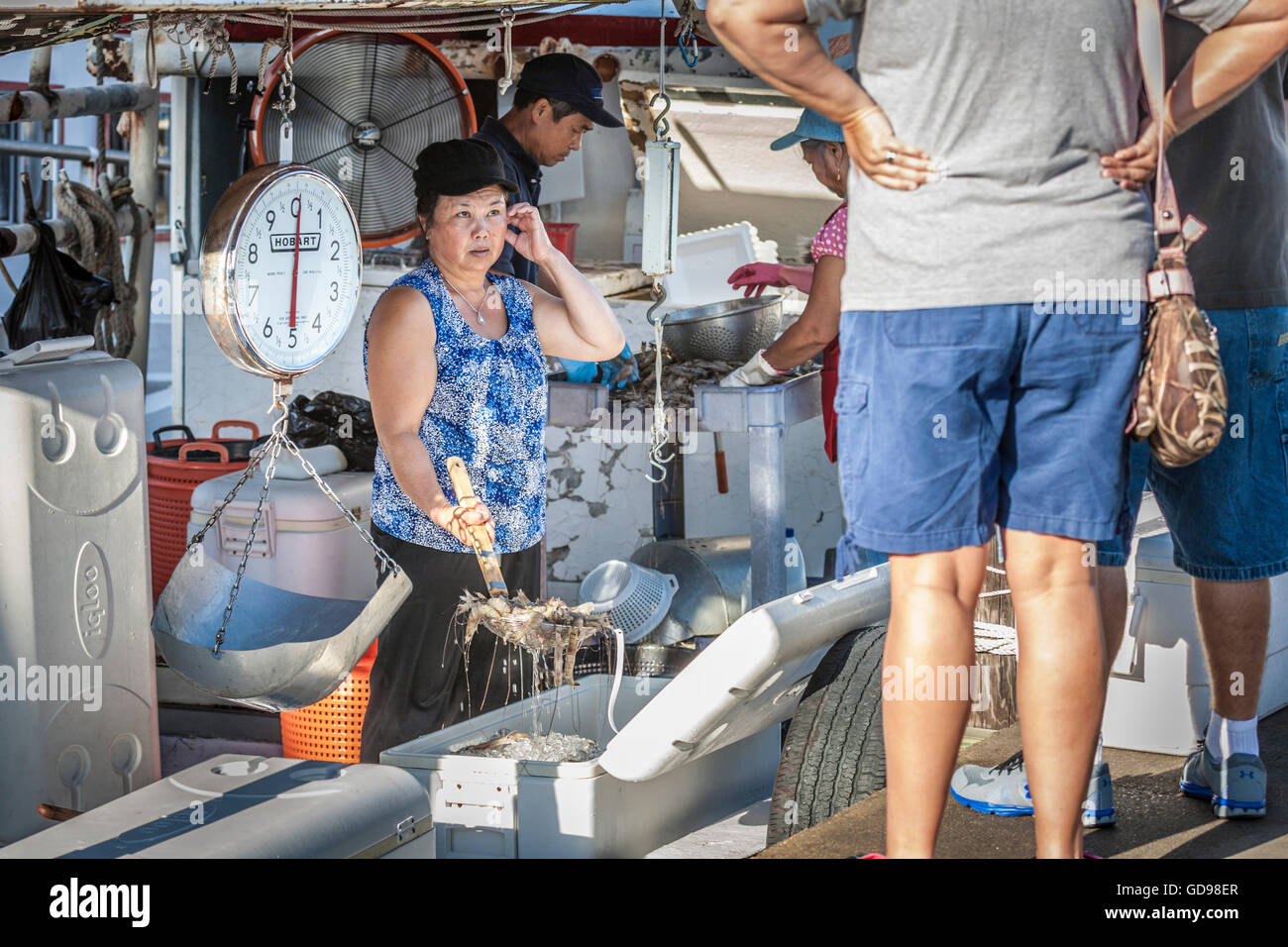 Vietnamese woman selling shrimp directement à partir de l'embarcation à l'port commercial à Biloxi, Mississippi Banque D'Images