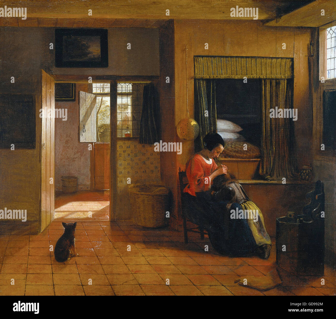 Pieter de Hooch - Binnenkamer met een moeder van het haar haar genre reinigt, bekend als "oedertaak» Banque D'Images
