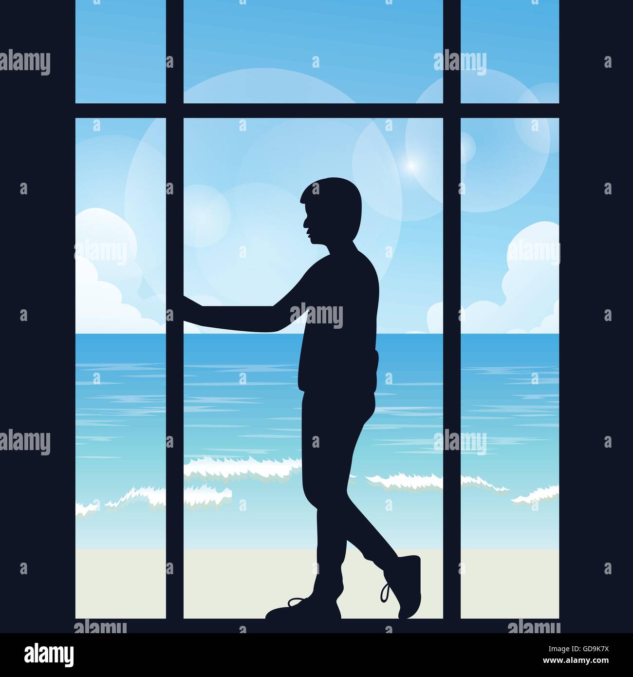 Les garçons l'homme seul à la silhouette de la mer zone ouverte à partir de la grande fenêtre dans la pensée sombre Illustration de Vecteur