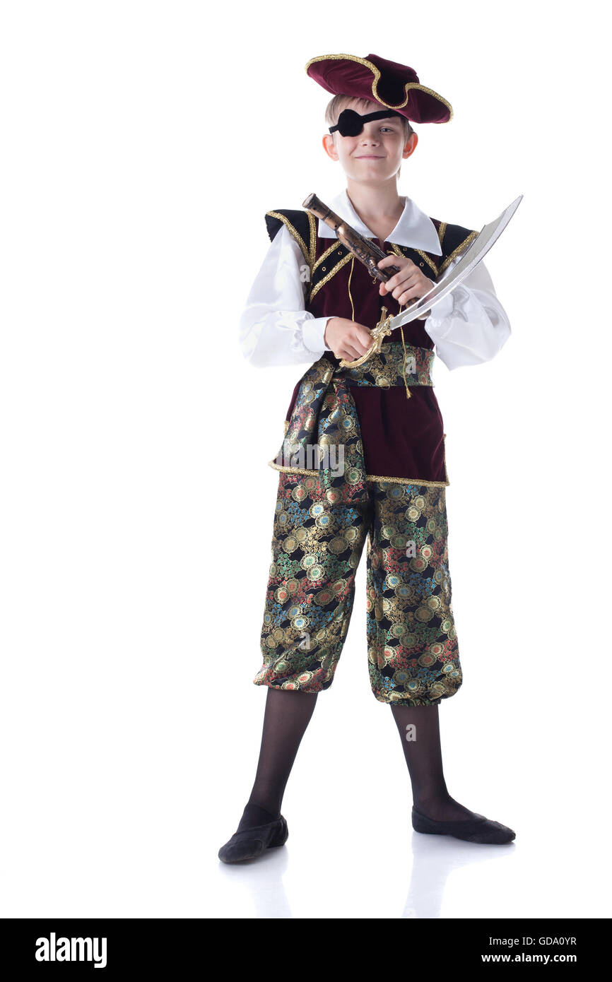 Cute boy posing in pirate costume avec cache-oeil Banque D'Images