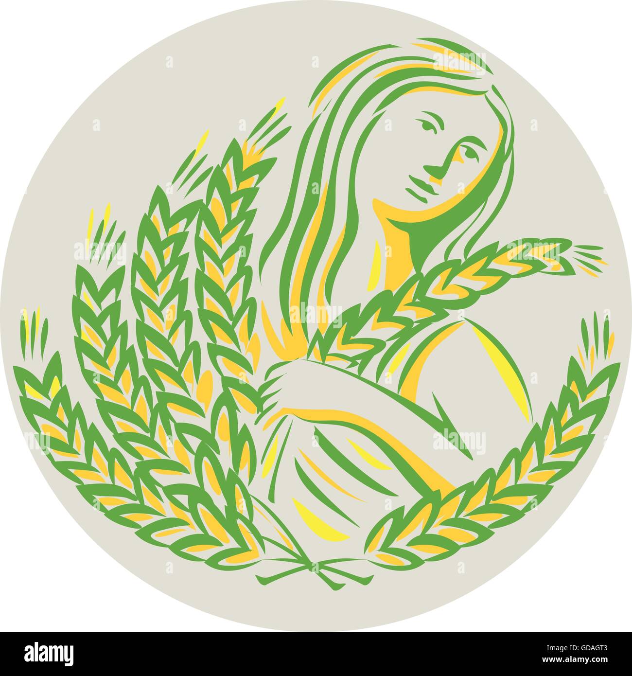 Illustration de Déméter, déesse grecque de la récolte et de l'agriculture, qui a présidé les céréales et grains de blé à la fécondité tenant sur le côté vue de l'avant ensemble à l'intérieur du cercle fait en style rétro. Illustration de Vecteur