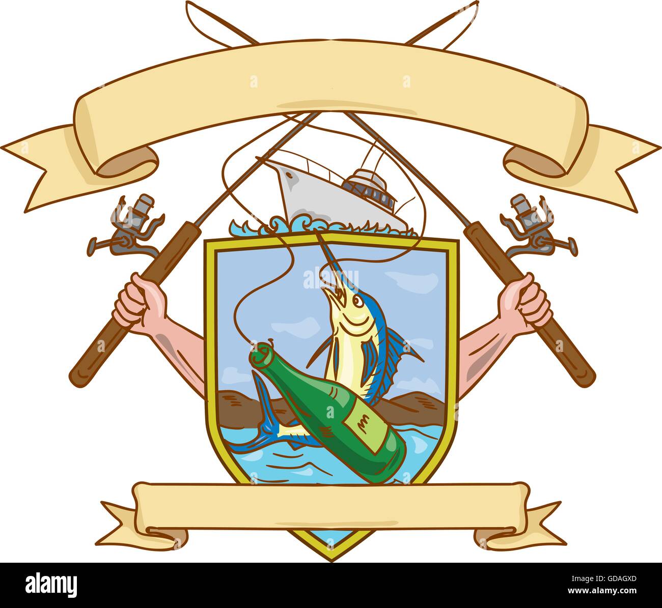 Croquis dessin illustration style de main tenant la canne à pêche et le moulinet de brancher une bouteille de bière et le makaire bleu poisson avec vue sur la montagne Illustration de Vecteur