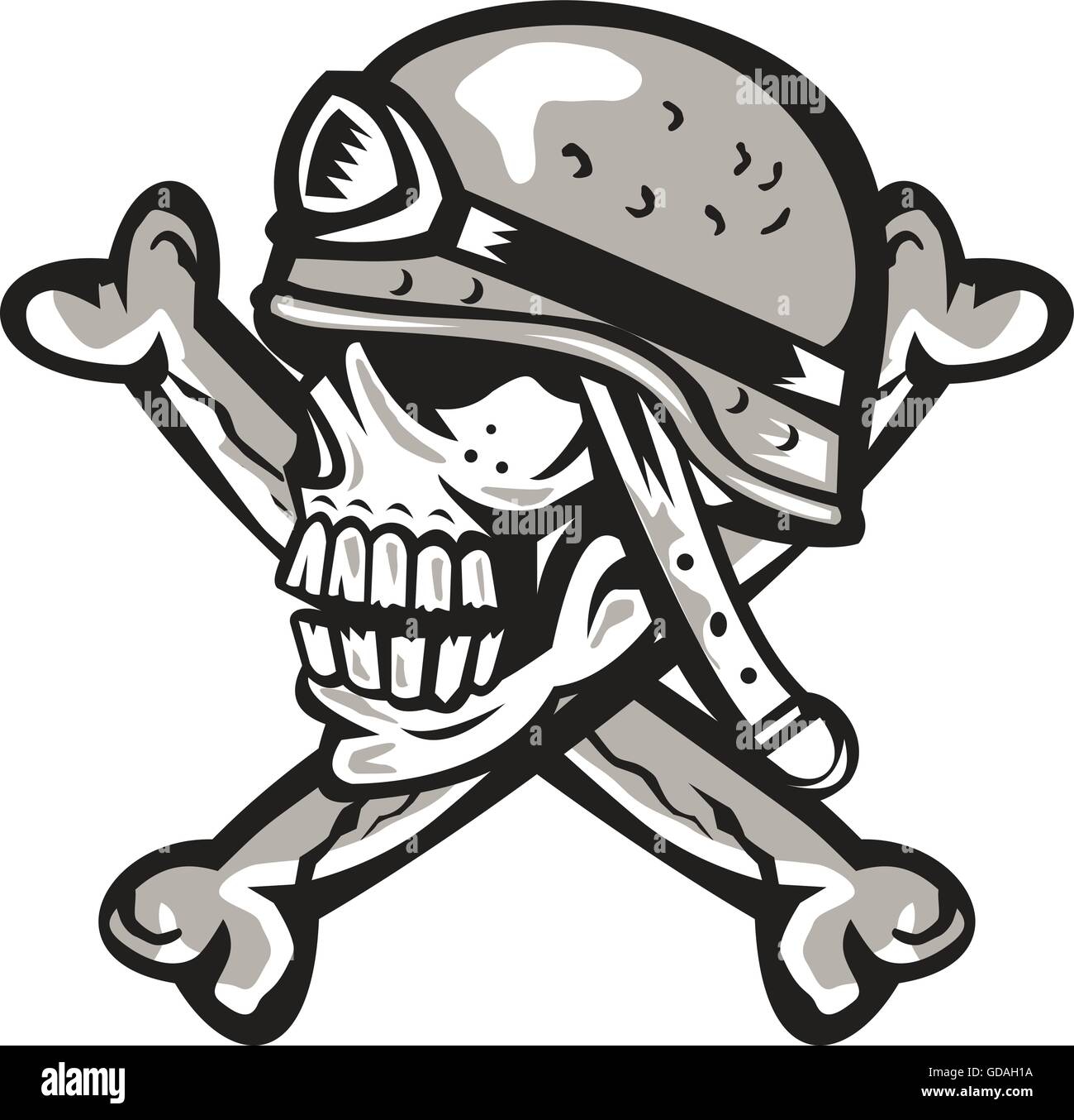 Illustration d'un crâne à la recherche sur le côté portant un casque militaire vu de côté avec des os croisés à l'arrière isolé sur fond blanc fait en style rétro. Illustration de Vecteur