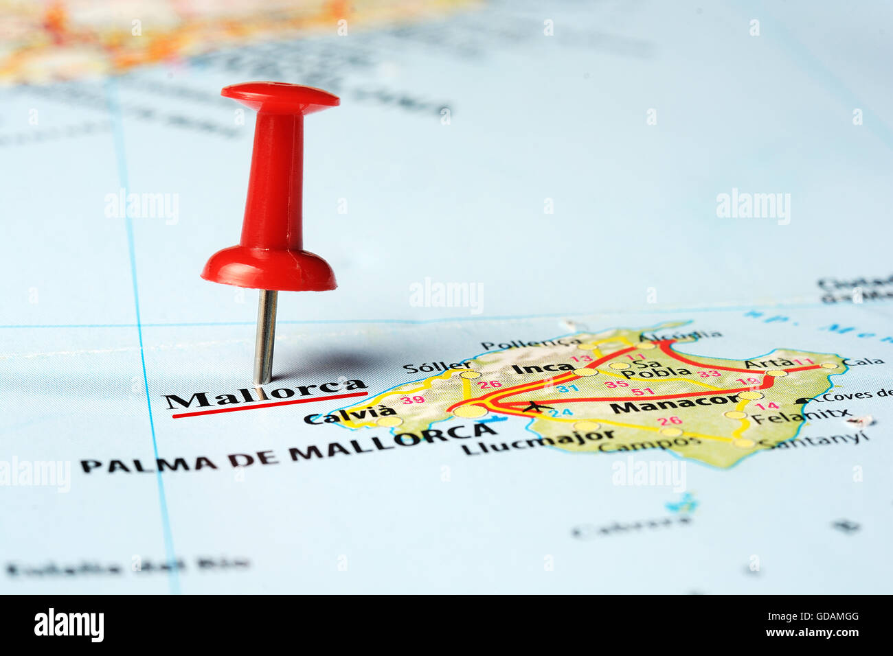 Portrait de l'île de Majorque , Espagne carte avec broche rouge Banque D'Images