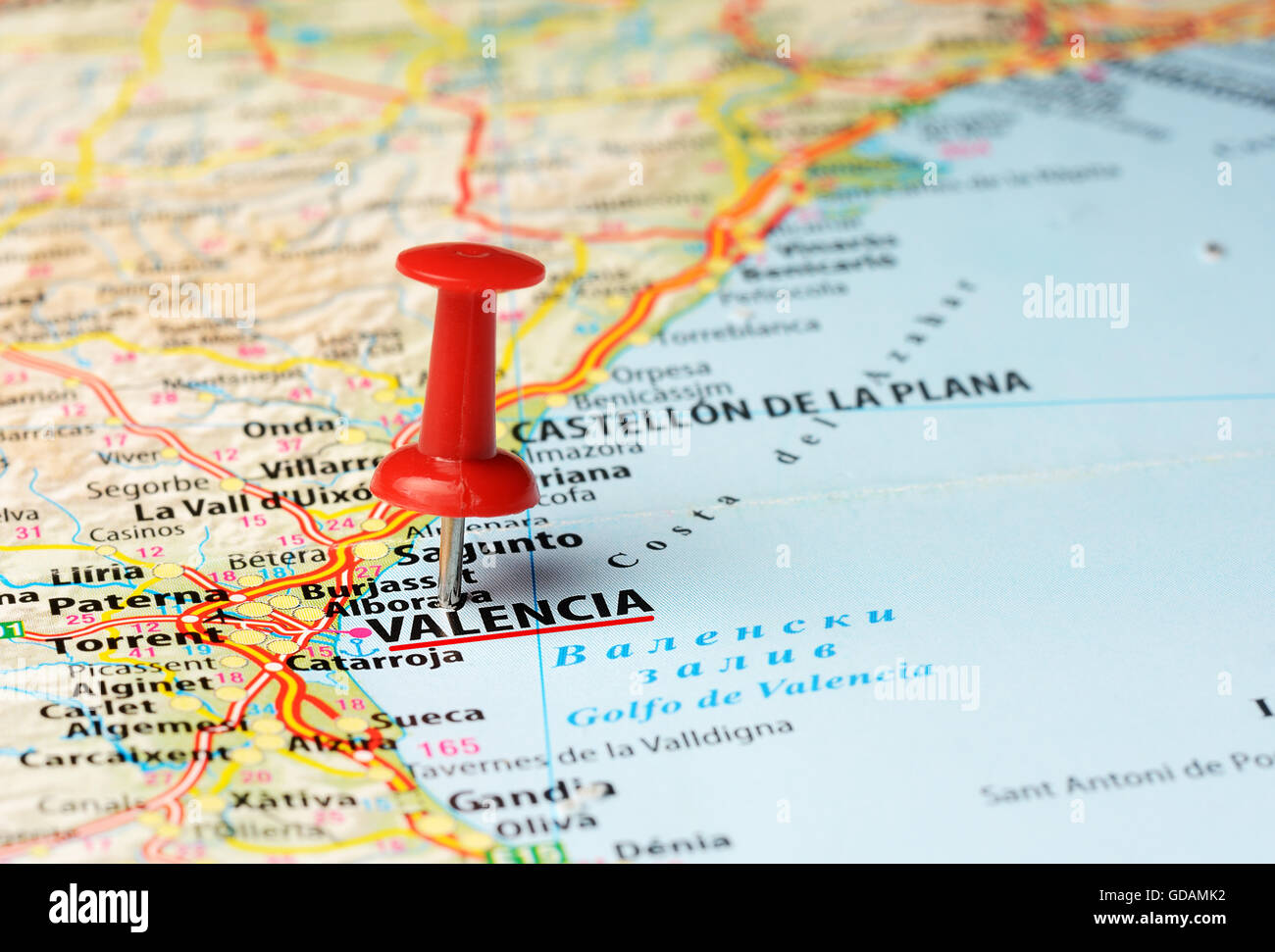 Close up de Valence , Espagne carte avec broche rouge Banque D'Images