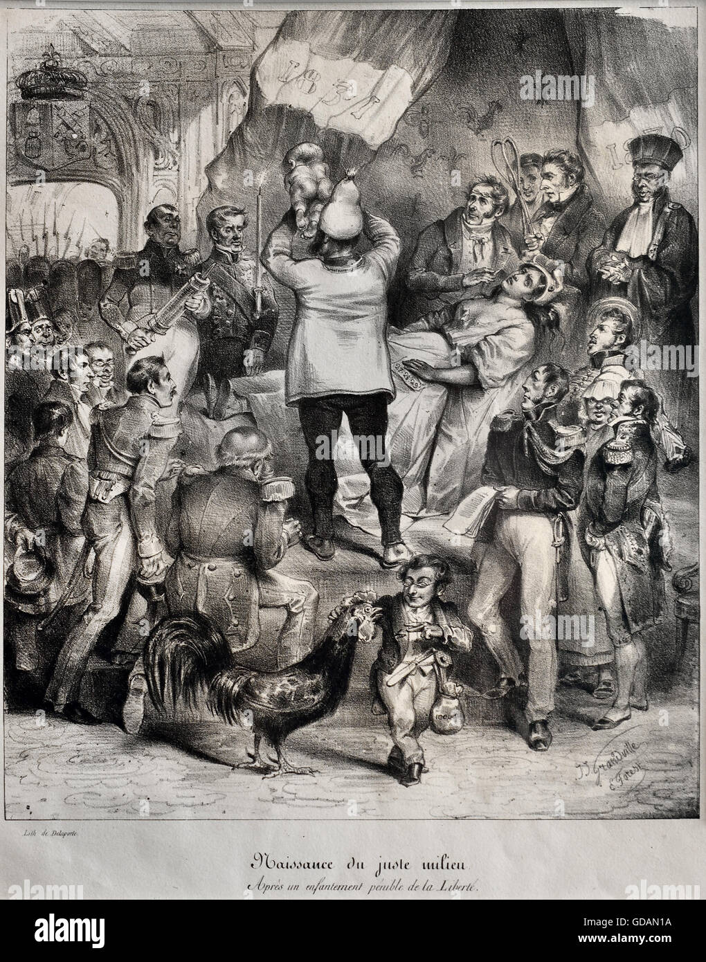 Naissance du juste milieu/ Après un enfantement pénible de la Liberté - Difficile naissance de la liberté - Caricature de révolution de juillet du 27 au 29 juillet 1830 à Paris France Français Lithographie : Delaporte, H. Banque D'Images