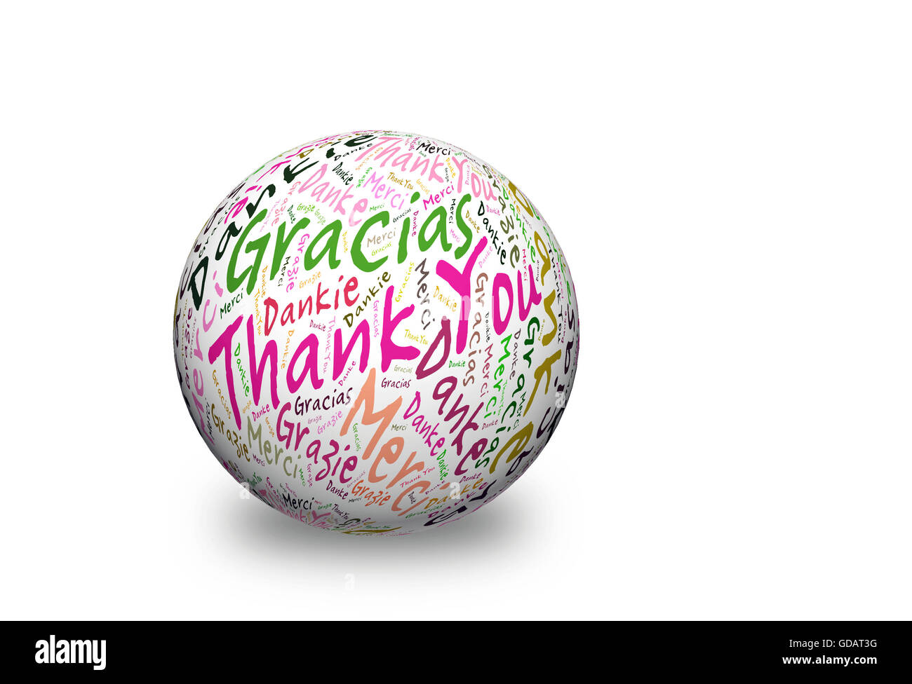 Merci conceptuel nuage de mots écrits sur sphère 3d. Termes dans différentes langues telles que merci, mahalo, danke, gracias, kitos, Banque D'Images