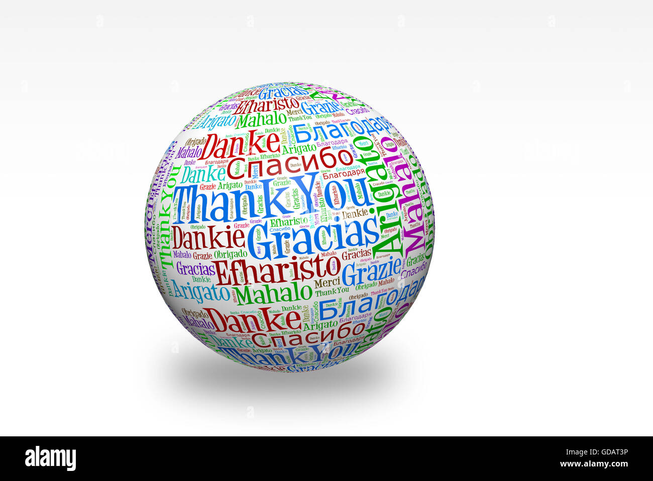 Merci conceptuel nuage de mots écrits sur sphère 3d. Termes dans différentes langues telles que merci, mahalo, danke, gracias, kitos, Banque D'Images