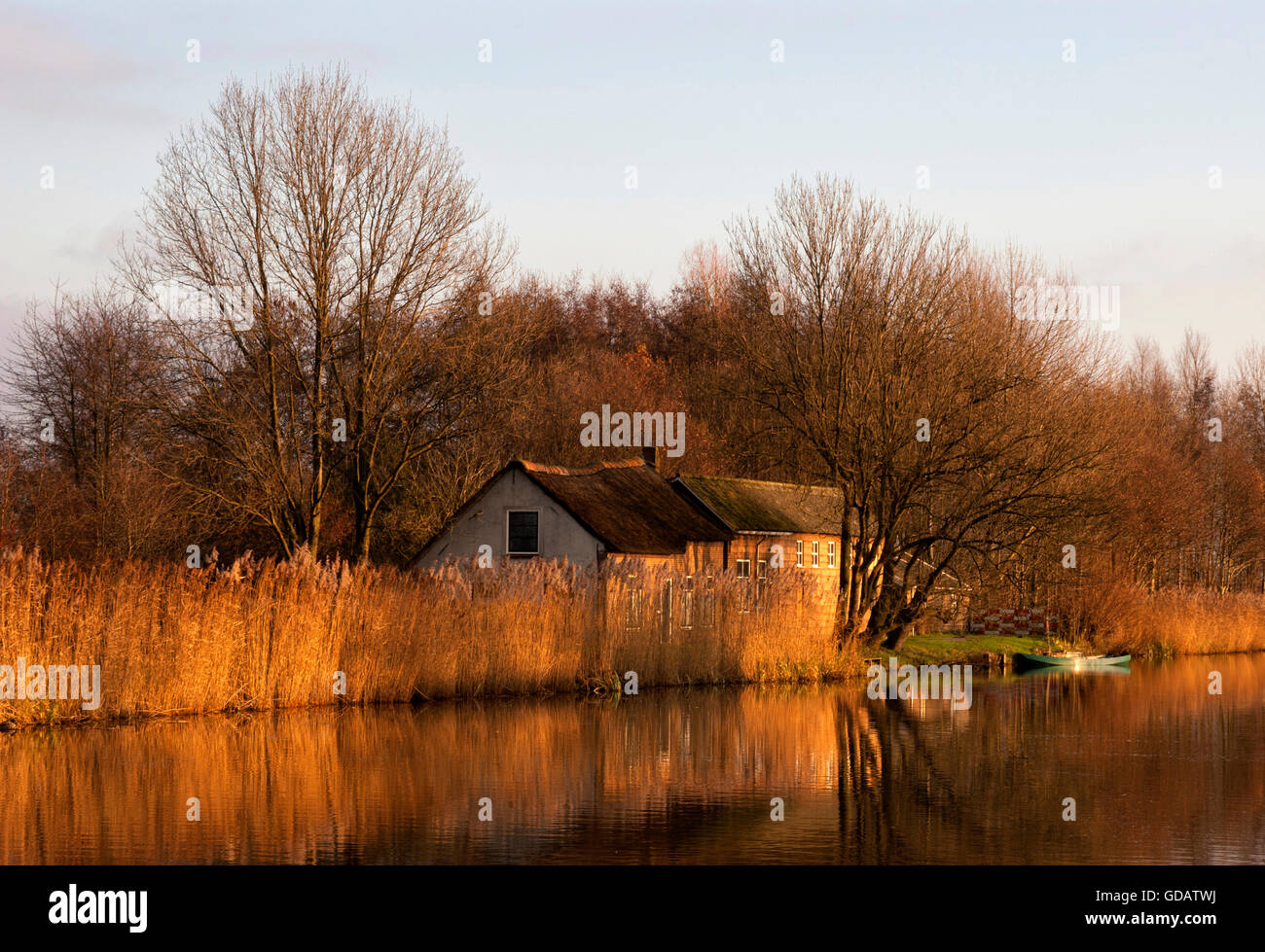 Vue d'une ferme pittoresque le long de la 'Ammersche Groot-Ammers Boezem' près dans la région de l'Alblasserwaard Néerlandais Banque D'Images