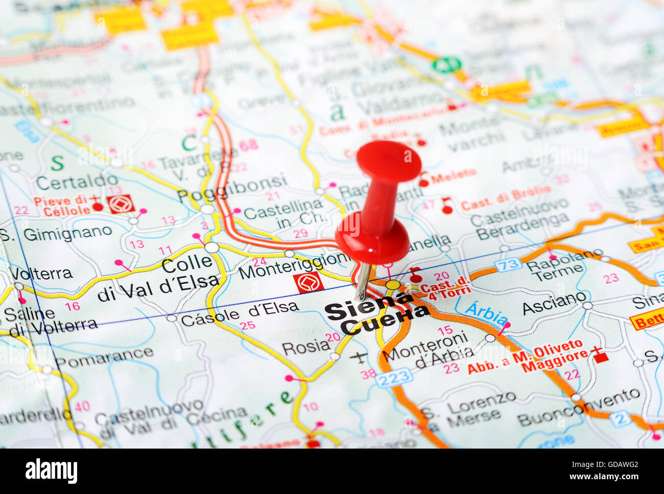 Close up of Siena , Italie carte avec broche rouge - Travel concept Banque D'Images