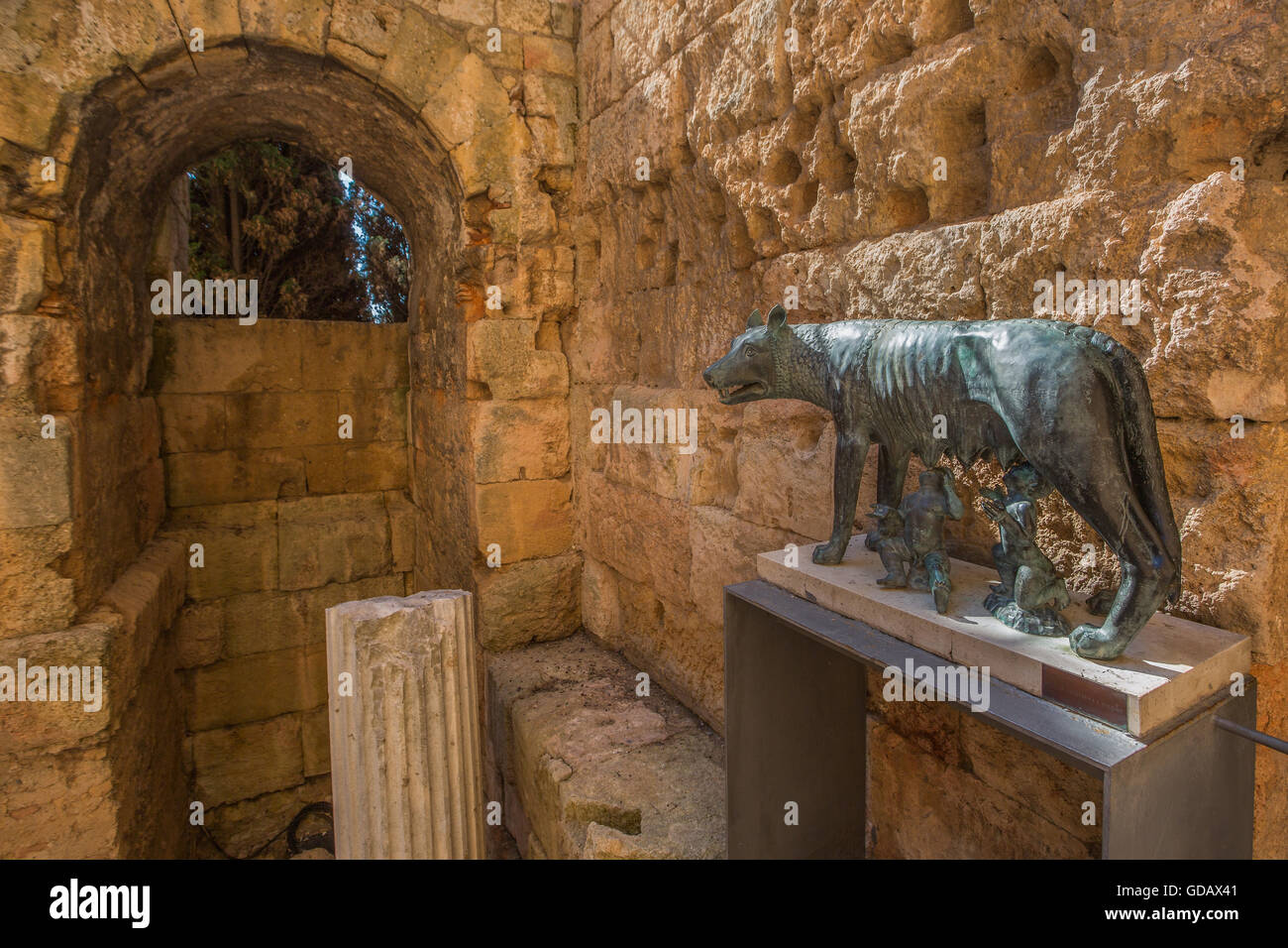 Espagne,Catalogne,Ville,Tarragone Auguste Palais, symbole de Rome,le loup et Romulus et Remus Banque D'Images