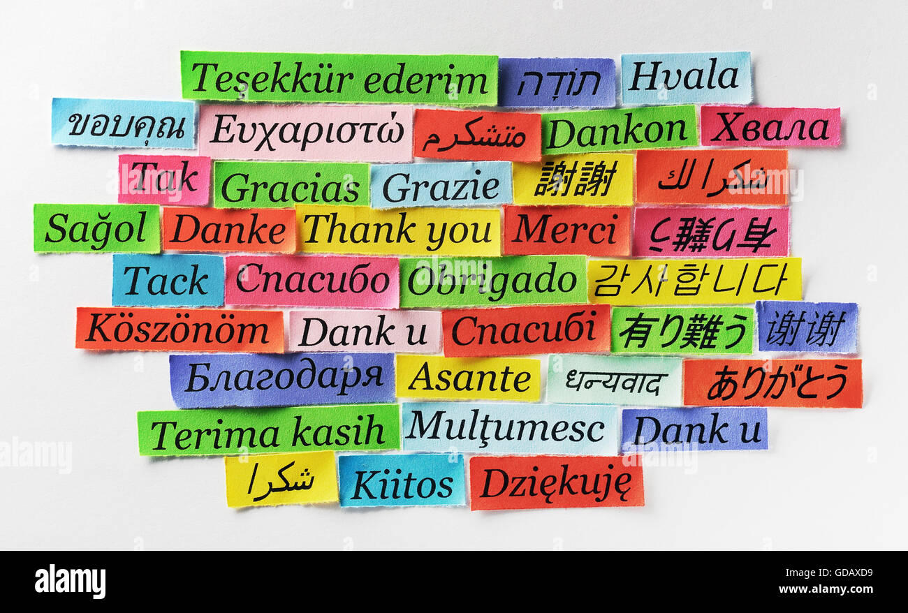 Merci Nuage de mots imprimés sur du papier de couleur différentes langues Banque D'Images
