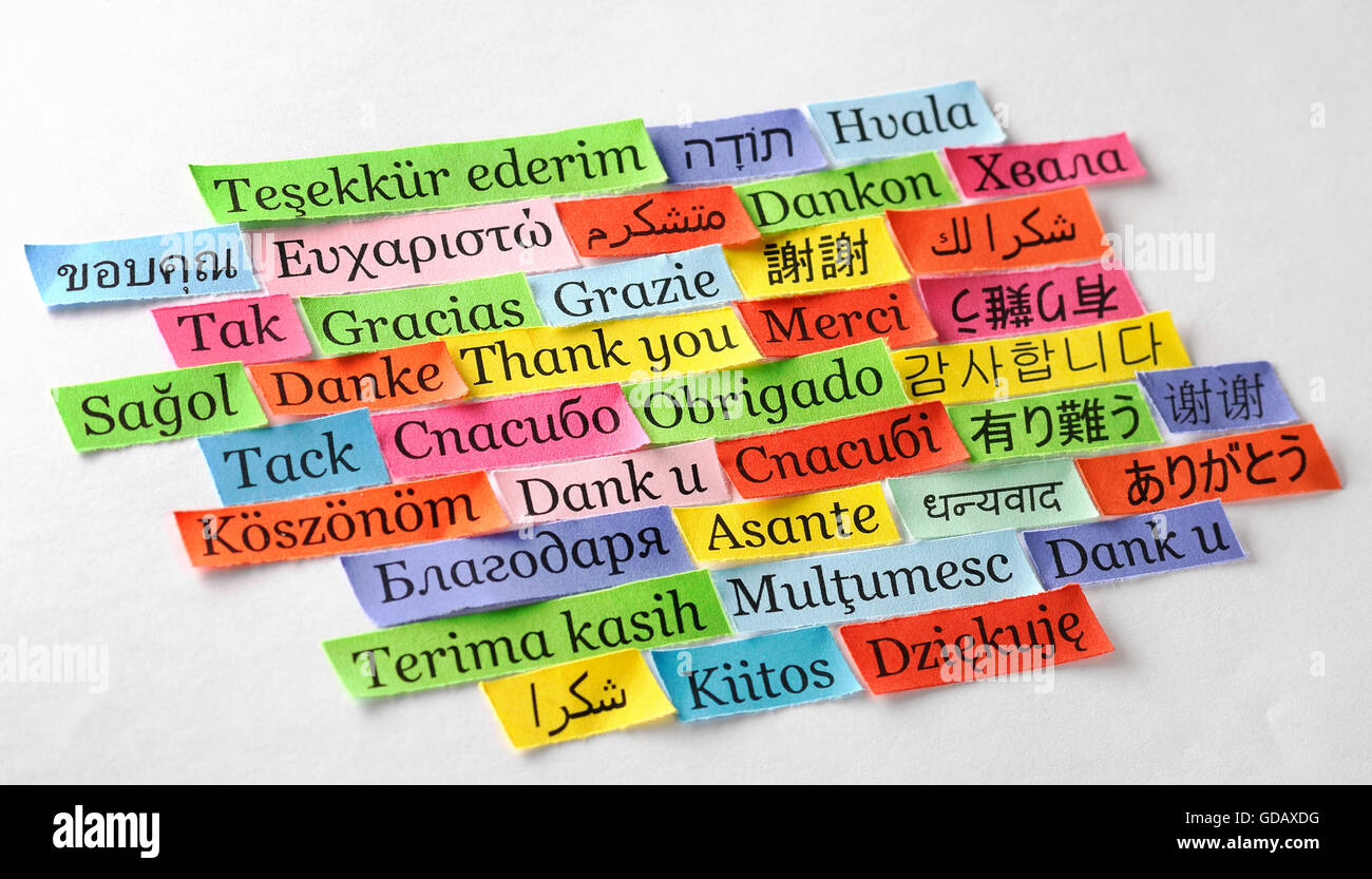 Merci Nuage de mots imprimés sur du papier de couleur différentes langues Banque D'Images