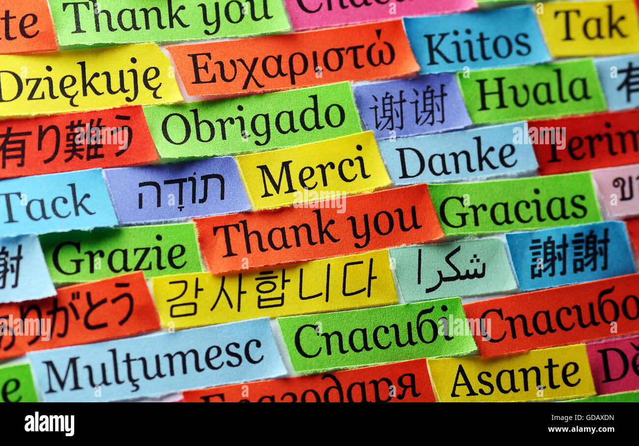 Merci Nuage de mots imprimés sur du papier de couleur différentes langues Banque D'Images