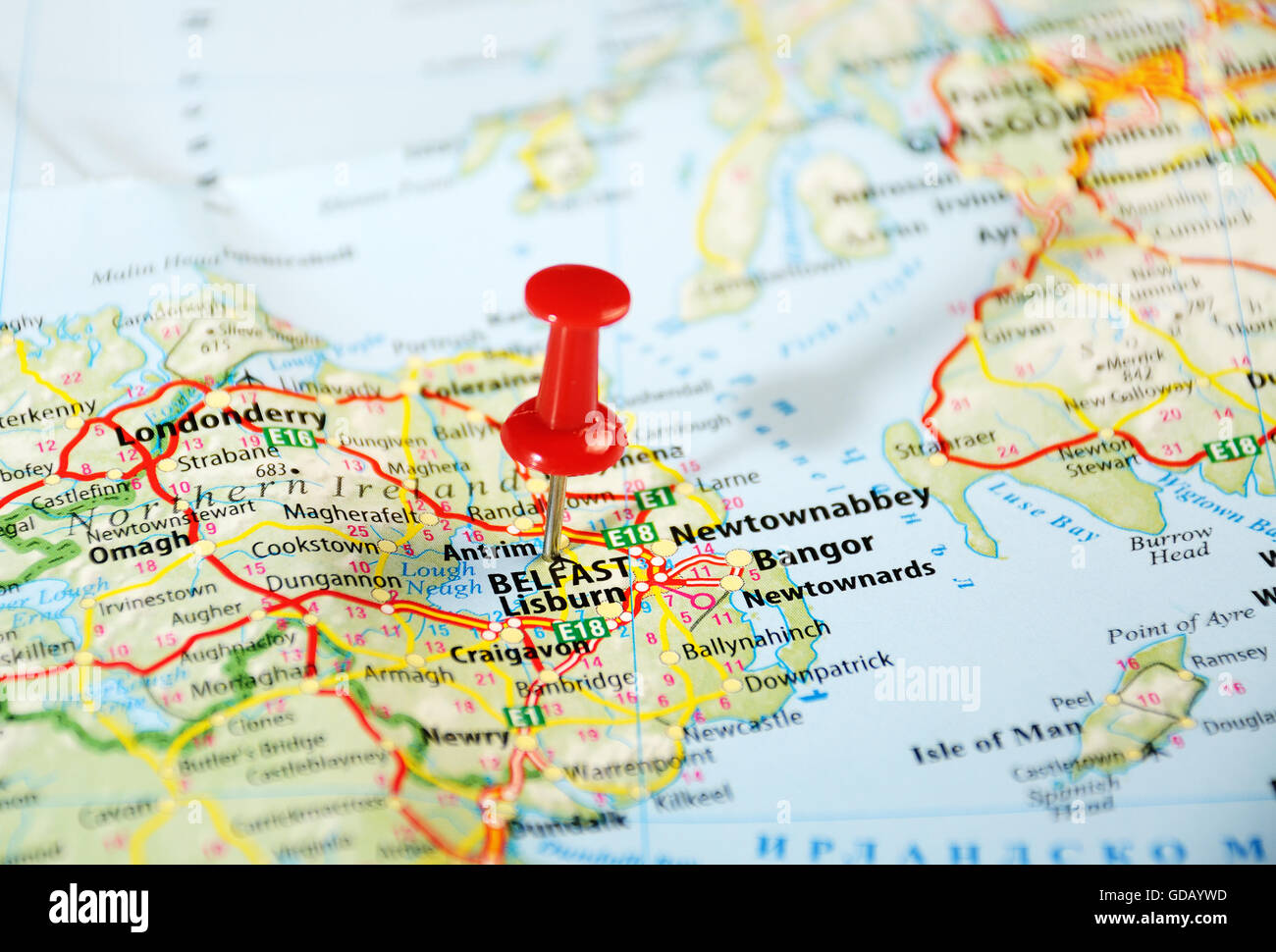 Belfast, Irlande, Royaume-Uni la carte et borne - Travel concept Banque D'Images