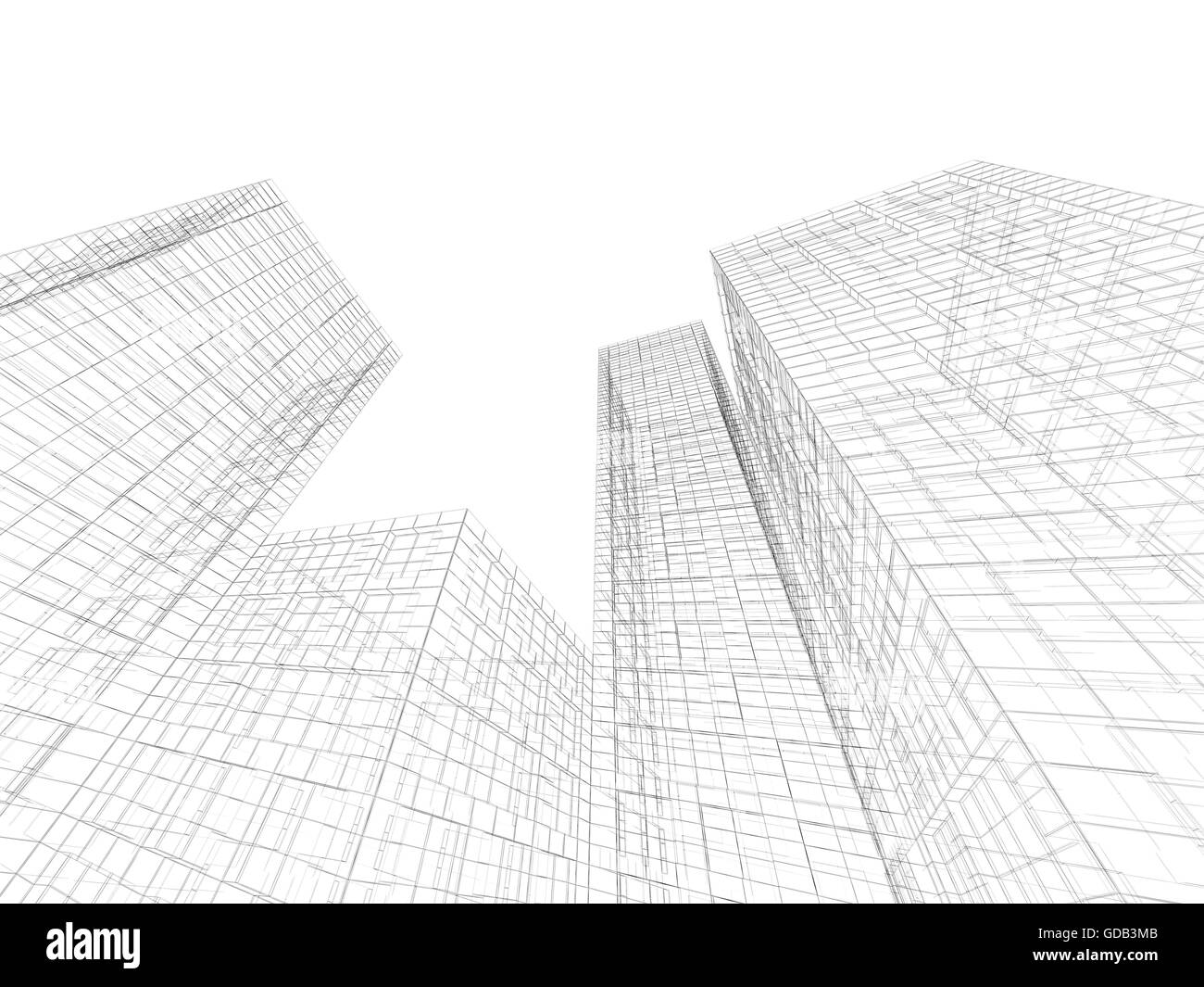 Fond graphique numérique. Résumé bâtiments vue perspective, lignes du fil noir isolé sur fond blanc. 3D render Banque D'Images