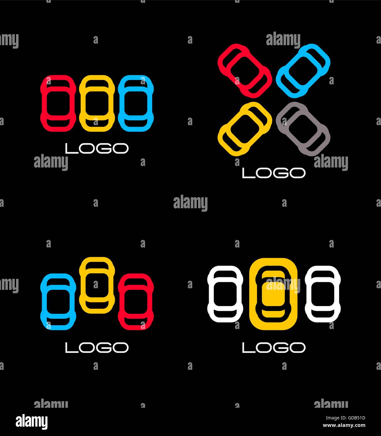 Ensemble de dispositifs à vecteur de couleur. Mobile simple contour. Voitures silhouette. Parking area. L'élément routier. Motion graphique des symboles. Service de mécanicien. L'emblème des véhicules. Auto assurance logo.fond noir. Illustration de Vecteur