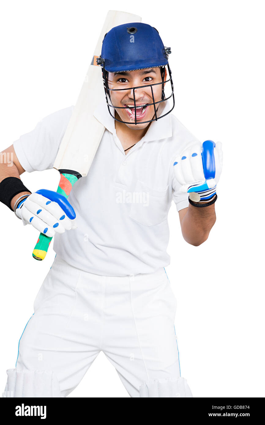 Cricket indien a crié 1 sports player holding bat fist main succès victoire Banque D'Images